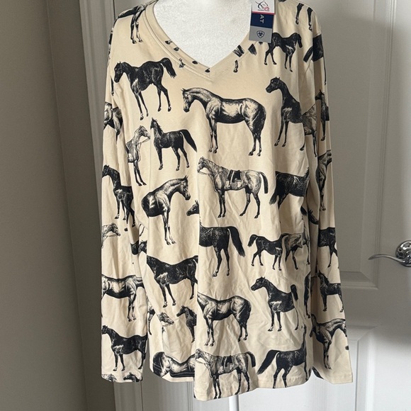 Ariat Tops - Ariat Beige Long Sleeve Tee with Black Horse Print